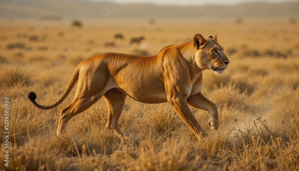 Fototapeta premium Lioness Walking Gracefully Across Golden Grassland at Sunset