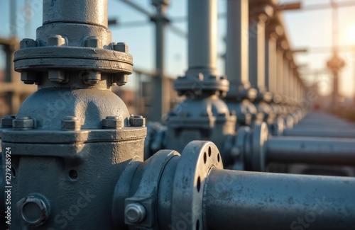Close-up of pipeline with oil, gas valves at sunset. Pressure safety valve selective focus. Metallic pipes, iron flanges, industrial equipment at refinery petrochemical plant convey fluids. Energy