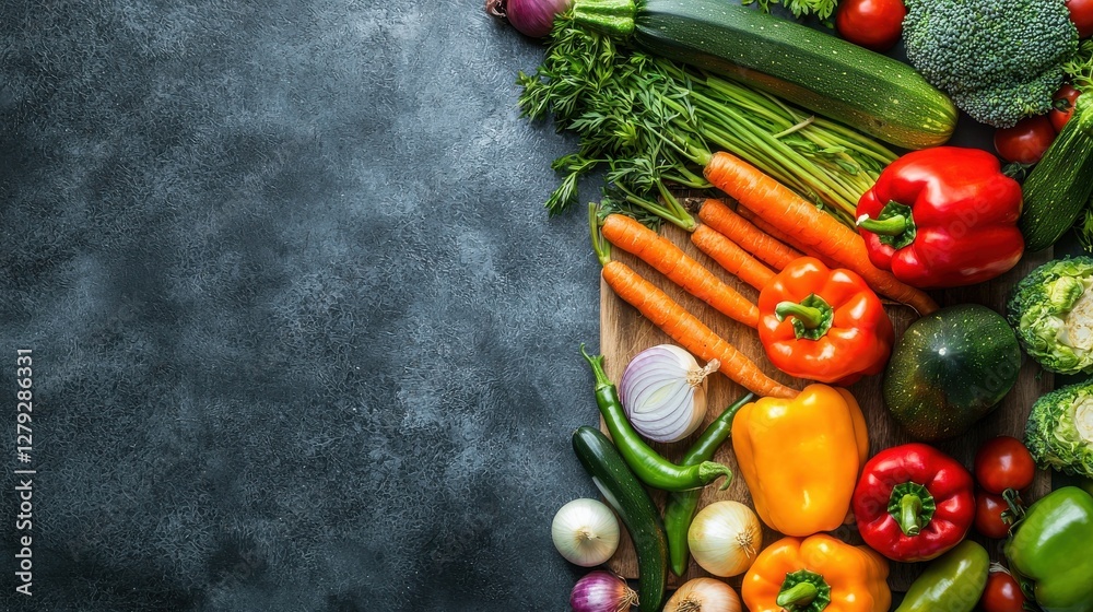 Fresh Colorful Vegetables Arranged on Dark Stone Background Fresh Colorful Vegetables Arranged on Dark Stone Background
