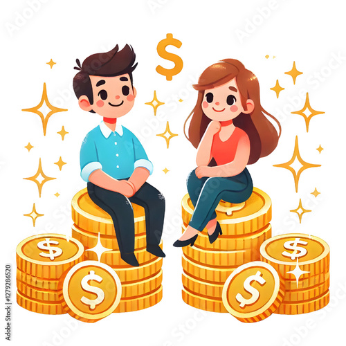 Man and woman sitting on stack of golden money coins with sparkle. Creative financial concept of wealth, rich or savings