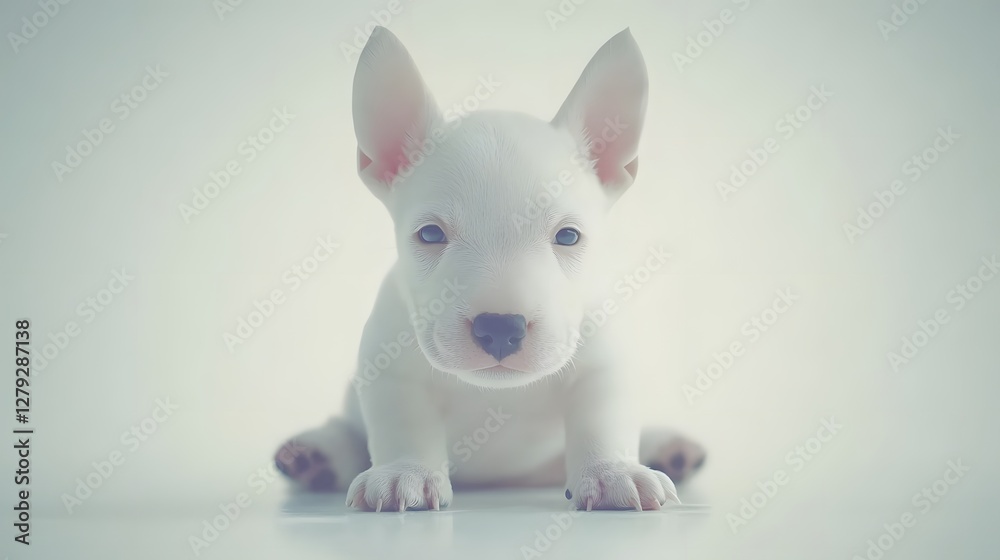 Close Up White Bull Terrier Puppy Sitting on White Background in Studio Lighting Close Up White Bull Terrier Puppy Sitting on White Background in Studio Lighting
