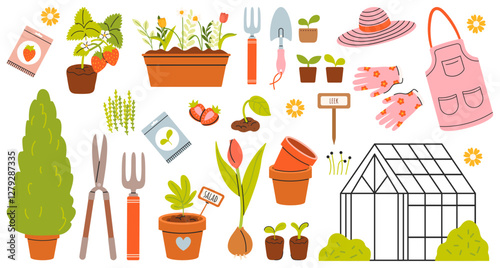 Set of home gardening tools and plants in pots, illustrations in hand drawn style. Agricultural and garden tools for spring work. Potted plants, sprouts, greenhouse, vegetables, flowers, seeds. Vector