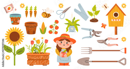 Set of home gardening tools and plants in pots, illustrations in hand drawn style. Agricultural and garden tools for spring work. Potted plants, sprouts, greenhouse, vegetables, flowers, seeds. Vector