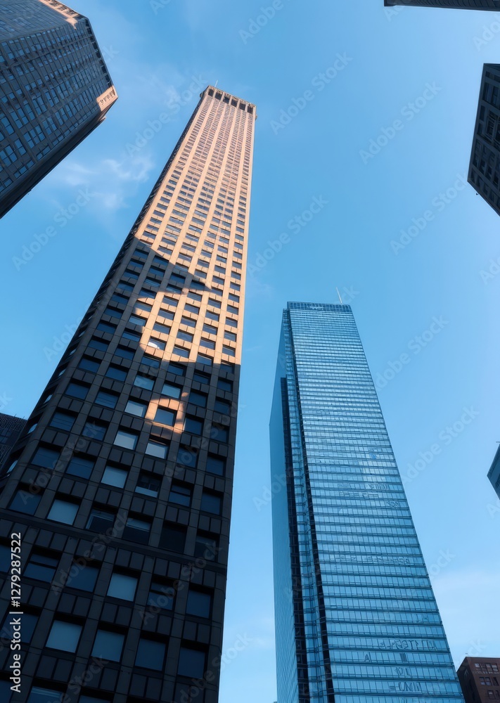 Low angle view of skyscrapers against blue sky in new york skyscraper city building skyscraper downtown business architecture cityscape Low angle view of skyscrapers against blue sky in new york skyscraper city building skyscraper downtown business architecture cityscape
