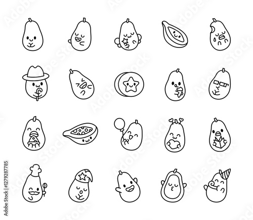Adorable cartoon kawaii papaya fruit character set featuring various emotions, cute accessories, and playful expressions perfect for food themed illustrations and for yours creative designs