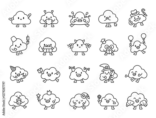 Adorable set cute kawaii cloud characters with different emotions, accessories, and activities, including love, celebrations, reading, sports, magic, sleeping, and family moments