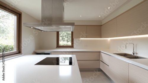 Modern kitchen with window view  clean lines  and bright lighting. Possible use for home design inspiration