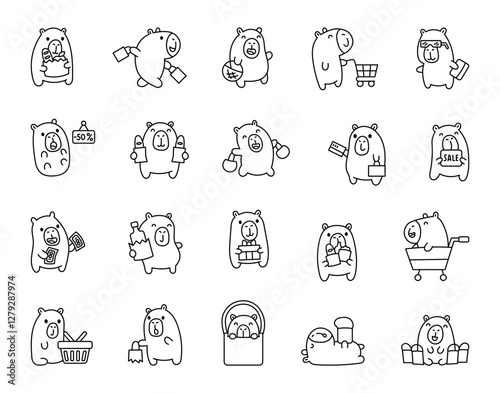 Capybara shopping set with adorable characters holding bags, carts, bottle, money, gift, and other items in funny and cheerful poses for your creative cartoon illustrations