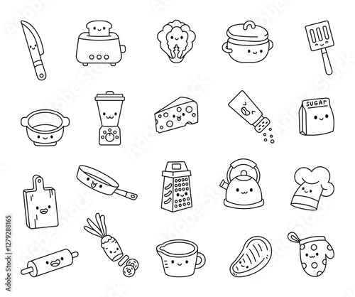 Adorable kawaii kitchen cooking set featuring smiling utensils, cookware, and food items, bringing fun and charm to meal preparation, baking, and everyday culinary adventures at home