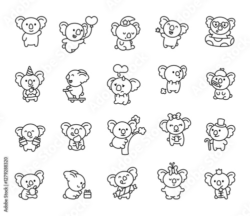 Photography Adorable koala character set showcasing cute emotions and charming poses, featuring celebration, surprises, gifts, stylish outfits, heartfelt moments for yours creative project