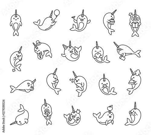 Narwhal character set with adorable cartoon emotions and fun activities, featuring business, celebration, magic, reading, gifts, heartwarming moments