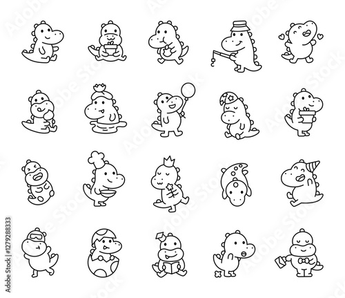 Cute crocodile character set showing different emotions, funny expressions, various accessories, and charming objects in pretty kawaii cartoon style for yours creative illustration