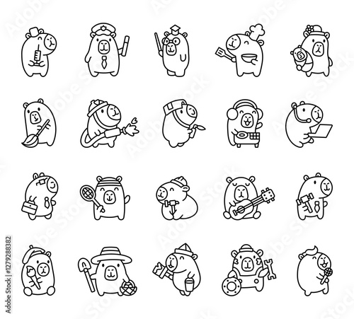 Capybara professions cartoon set with cute kawaii characters holding different tools, equipment, objects, accessories, and items for cheerful creative designs illustration