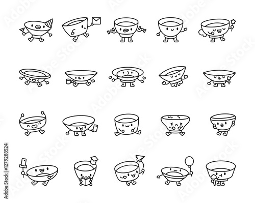 Adorable plate character set showcasing a festive party hat, wineglass, greeting, romantic valentines heart, fun smartphone selfie, and delightful ice cream enjoyment