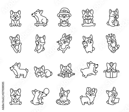 Corgi dog character set featuring cute and funny expressions, playful poses, festive celebrations, adorable accessories, and charming moments of daily activities for yours design projects