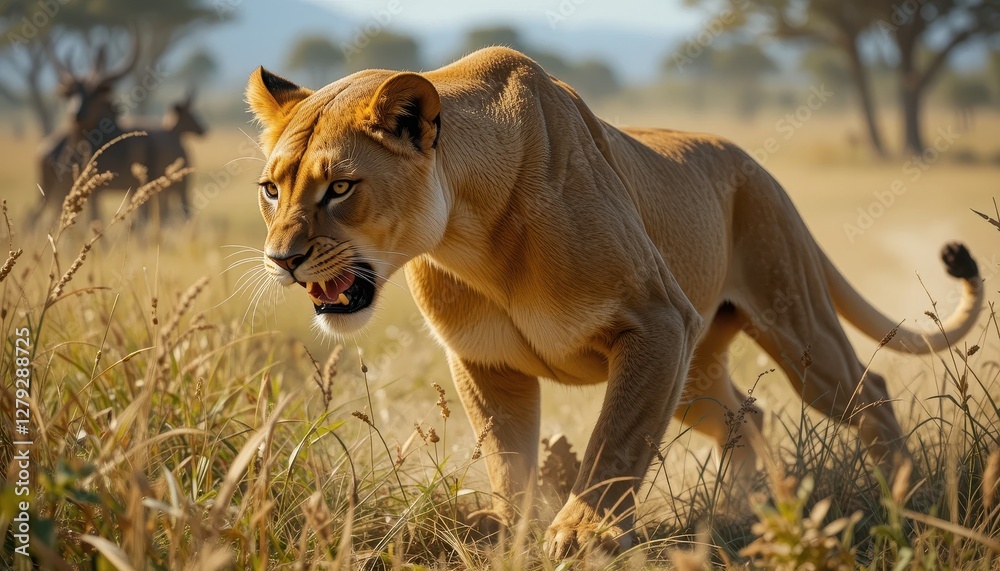 Obraz premium Fierce Lioness Stalking Prey in Lush Savanna Environment