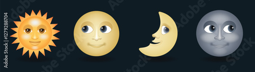 Sun with smiling face, half and full moon face vector emoji illustration isolated on dark background