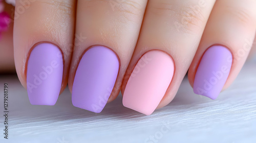 Pastel matte manicure on woman's hand, close-up photo