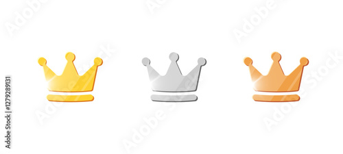 Set of golden, silver and bronze coins with royal crowns for game UI, casino or financial themes. Shiny 3D vector of jackpot, currency and treasure symbols for video game, mobile app or arcade.