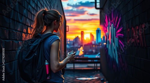 A woman with a backpack stands in a dark alley, viewing a painting