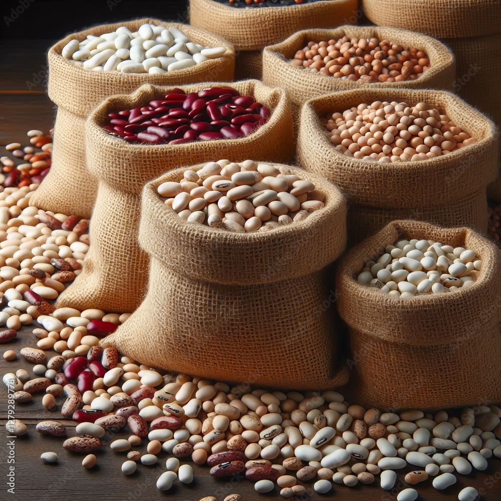 Fototapeta premium Several burlap sacks are overflowing with different types of beans and legumes.&nbsp; 