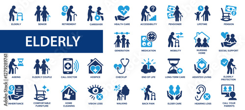 Elderly flat icons set. Pensioner, ageing, senior, checkup, health care, lifetime icons and more signs. Flat icon collection