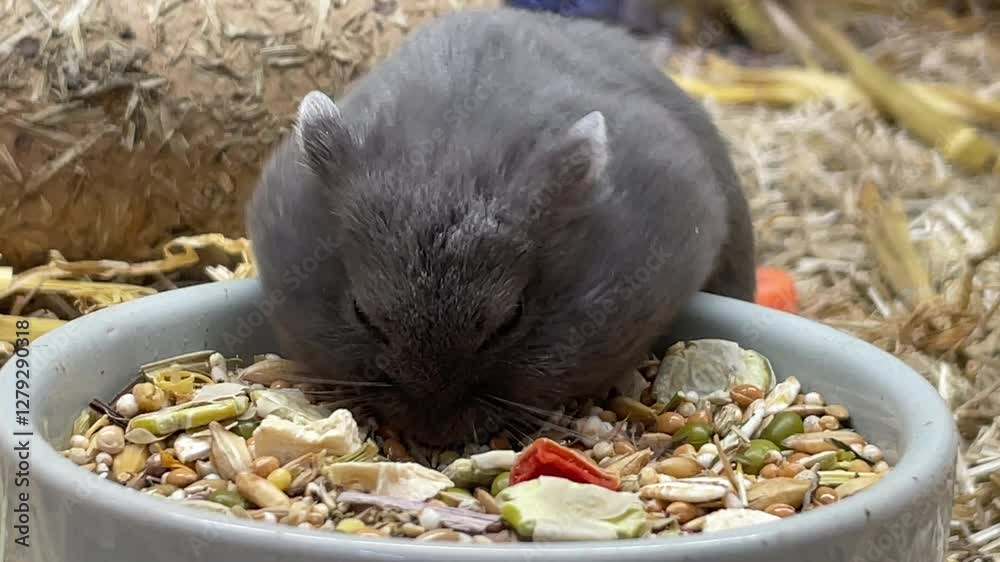 Ein Campell Zwerg Hamster stopft sich die Backen voll.