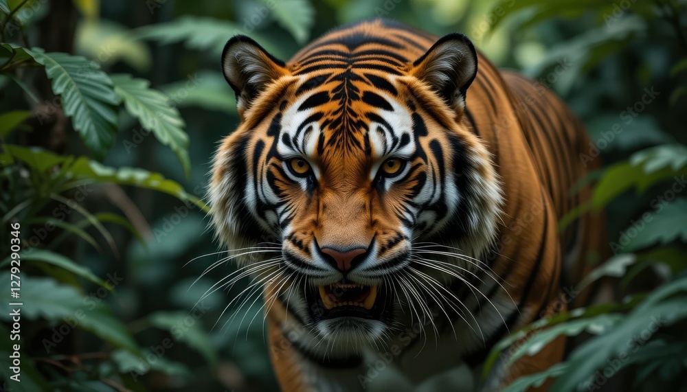 Fototapeta premium Majestic Tiger Emerging from Lush Green Jungle with Intense Gaze