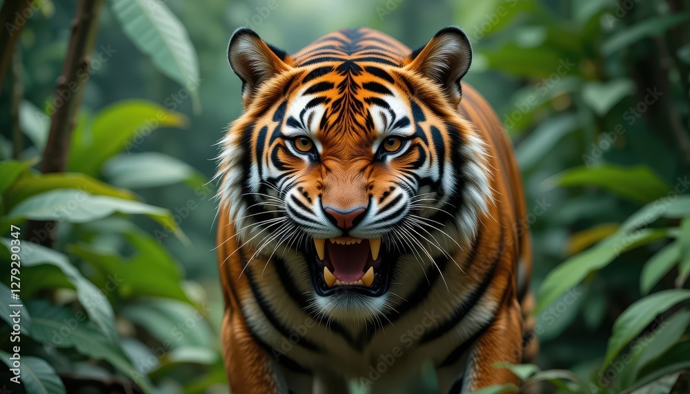 Fototapeta premium Majestic Tiger Roaring in Lush Green Jungle Setting
