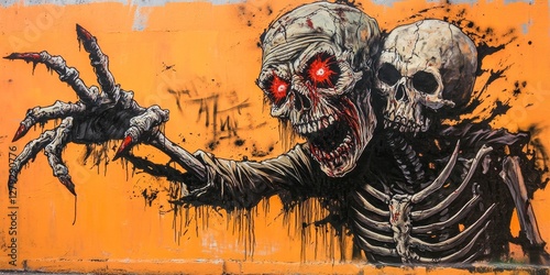 Vibrant graffiti of a zombie with red eyes grasping a skeleton s head on an orange miami wall photo