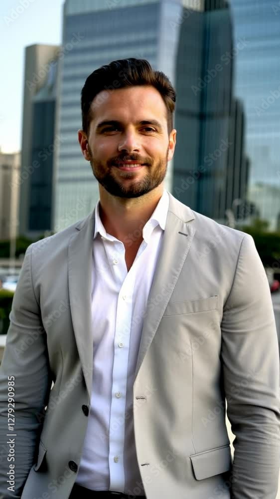 Vertical video of Portrait of a smiling businessman in a suit standing in front of skyscrapers Vertical video of Portrait of a smiling businessman in a suit standing in front of skyscrapers