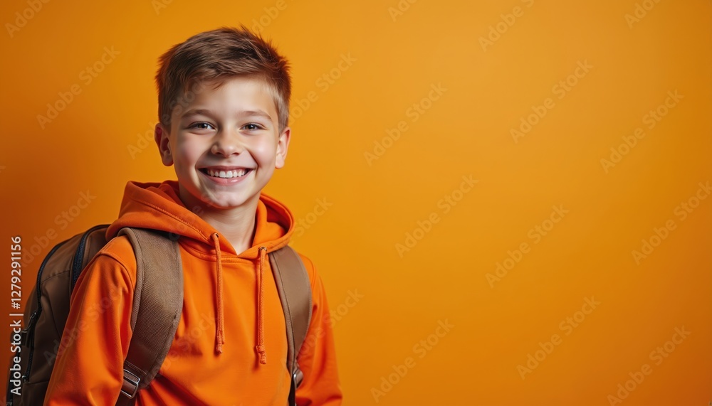 Caucasian smiling teen boy with backpack. Schoolboy in orange hoodie against bright background with copy space for back to school, education or childhood related content. Happy pupil portrait. Caucasian smiling teen boy with backpack. Schoolboy in orange hoodie against bright background with copy space for back to school, education or childhood related content. Happy pupil portrait.