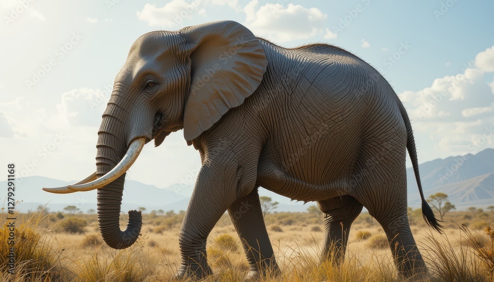 Fototapeta premium Majestic Elephant Walking in Beautiful Savanna Landscape Scene