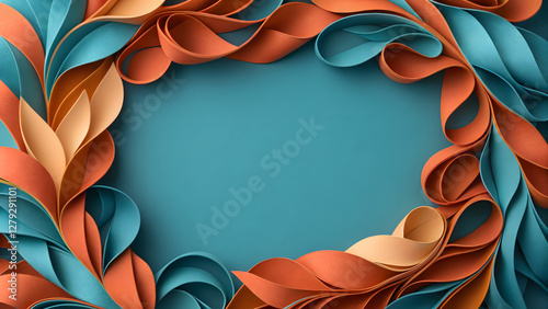 Elegant Paper Cut Frame: 3D Render with Teal and Orange Ribbons