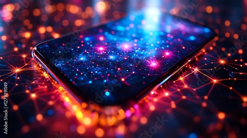 A smartphone closeup with colorful anonymizing network representation where nodes secure user anonymity