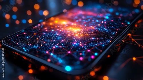 A smartphone closeup with colorful anonymizing network representation where nodes secure user anonymity