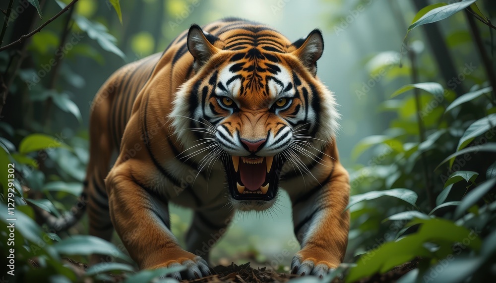 Fototapeta premium Fierce Tiger Roaring in Dense Green Jungle Environment