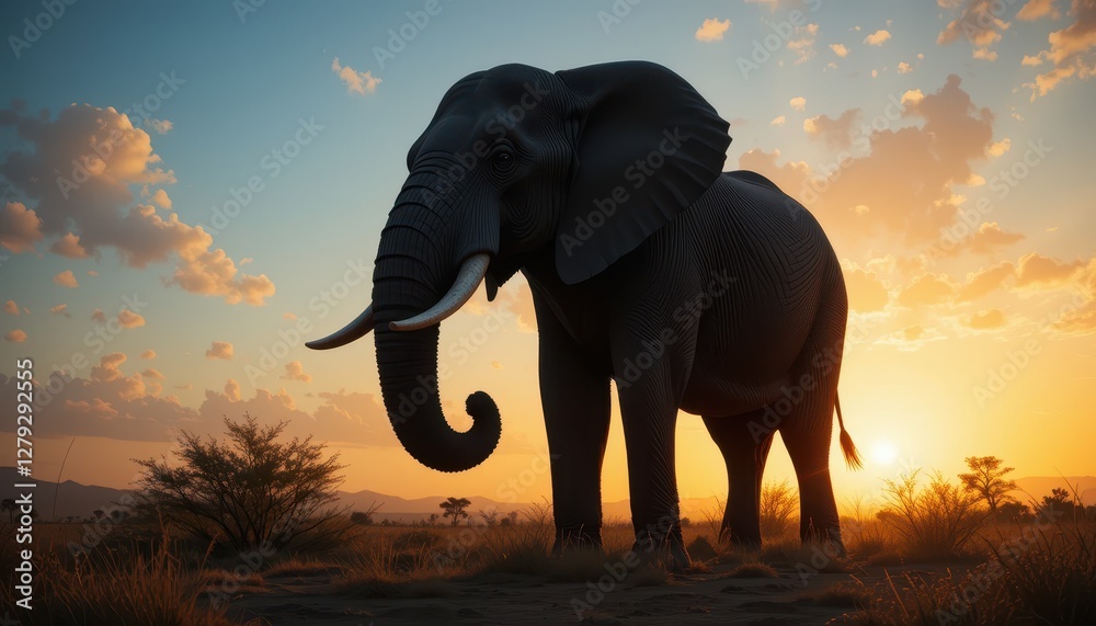 Obraz premium Majestic Elephant Silhouetted Against Sunset in African Landscape
