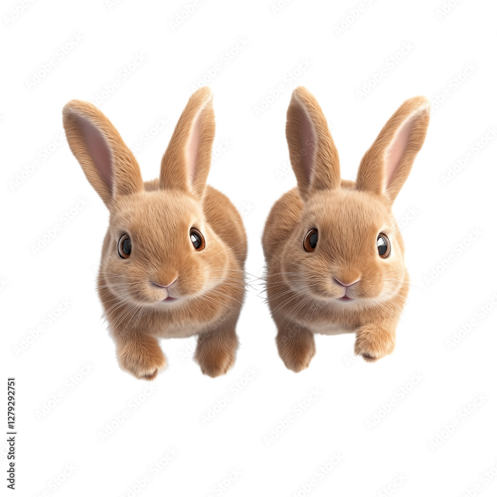 Two adorable brown bunnies in motion, running side by side against a clean white background, symbolizing energy and playfulness Two adorable brown bunnies in motion, running side by side against a clean white background, symbolizing energy and playfulness