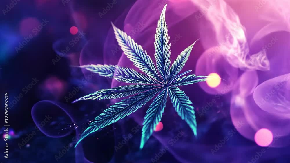 Colorful cannabis leaf illuminated against a mystical purple background with swirling patterns and glowing effects