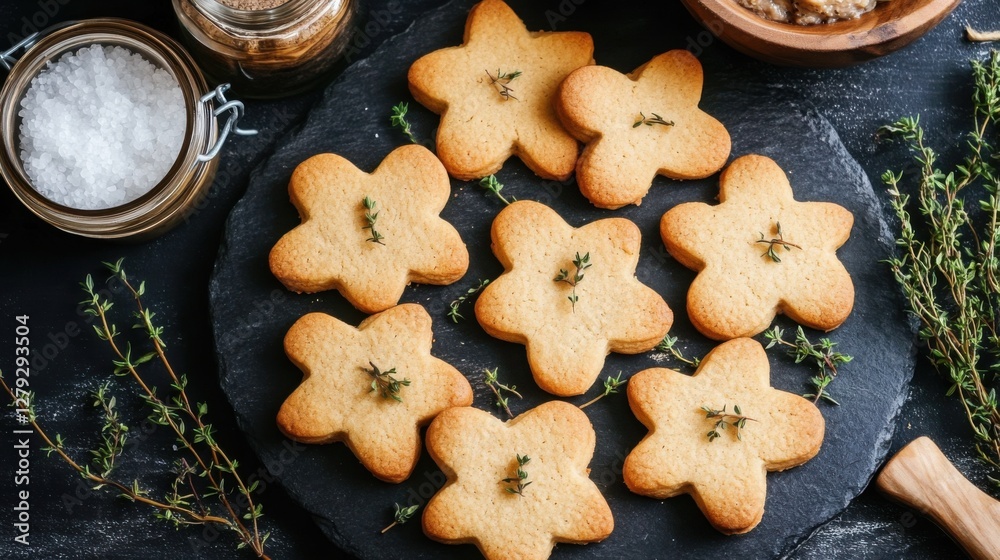 Rustic shortbread cookies topped with fresh thyme leaves are artfully arranged on a dark slate board. nearby, coarse salt and a knife with pate Rustic shortbread cookies topped with fresh thyme leaves are artfully arranged on a dark slate board. nearby, coarse salt and a knife with pate