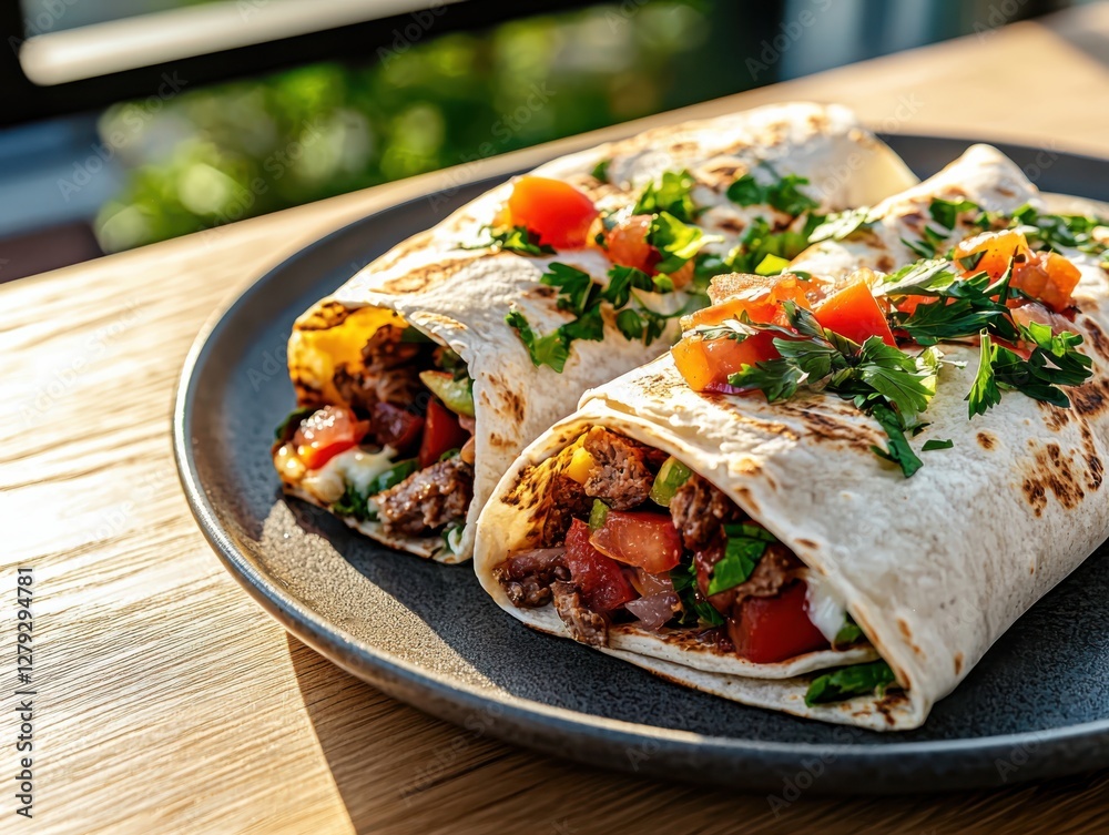 Protein-rich breakfast burrito close-up on a plate in a kitchen setting with natural light highlighting fresh fillings Protein-rich breakfast burrito close-up on a plate in a kitchen setting with natural light highlighting fresh fillings