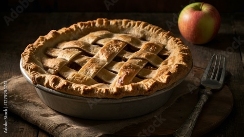 A moody food photography shot of a rustic apple pie, with strong directional lighting creating deep shadows and highlights, enhancing the flaky crust's layers photo