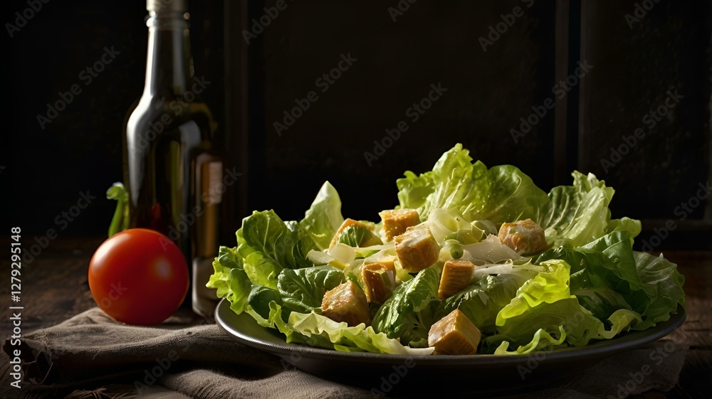 A moody food photography shot of a freshly tossed Caesar salad, with strong directional lighting creating deep shadows and highlights, enhancing the crispness of the lettuce