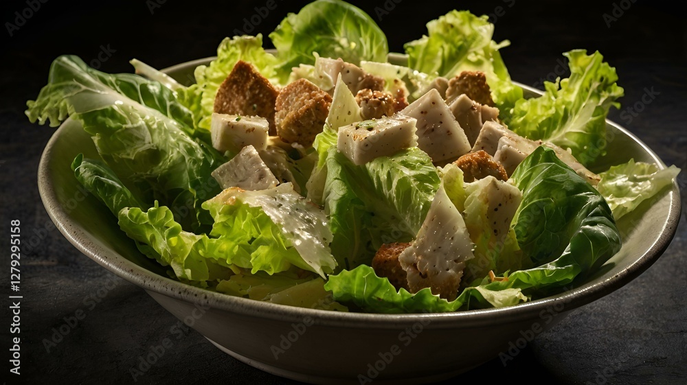 A moody food photography shot of a freshly tossed Caesar salad, with strong directional lighting creating deep shadows and highlights, enhancing the crispness of the lettuce