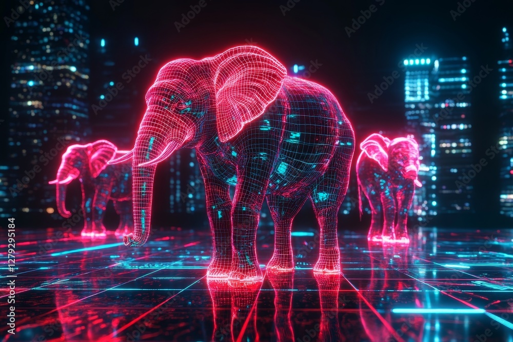 Obraz premium Holographic elephants in neon red and cyan on futuristic grid in a cyberpunk virtual world