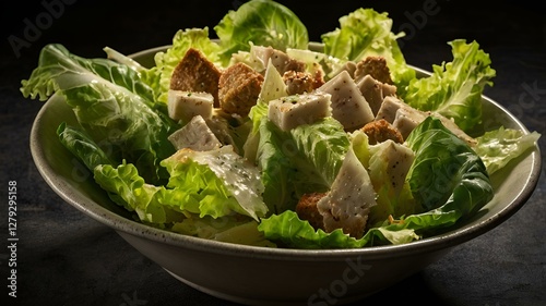 Obraz na płótnie A moody food photography shot of a freshly tossed Caesar salad, with strong directional lighting creating deep shadows and highlights, enhancing the crispness of the lettuce w salonie