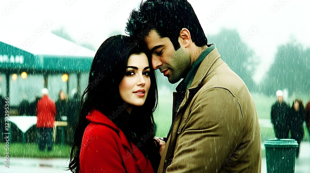 Affectionate Couple Embracing in the Rain with Red Coat and Brown Jacket Outdoor Affectionate Couple Embracing in the Rain with Red Coat and Brown Jacket Outdoor