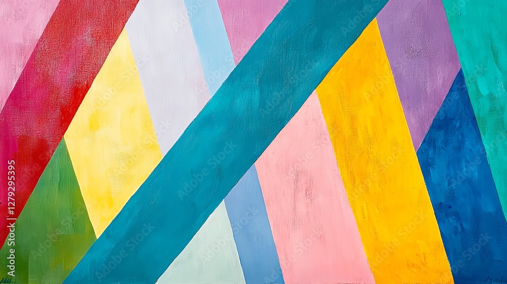 Obraz premium Colorful stripes are arranged in different directions on a painting. The colors are bright and opposite to each other. The stripes make it look like the painting is moving and full of life.