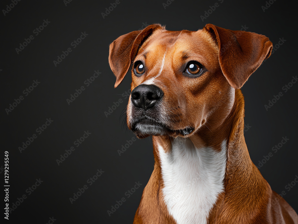 Obraz premium close up portrait of dog with shiny coat and expressive eyes, set against dark background, showcasing its features and personality